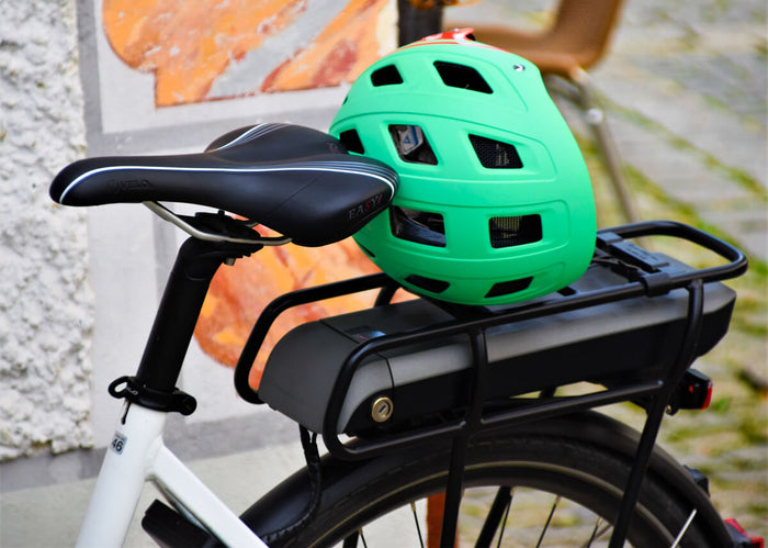 Close up of bike helmet on bike 