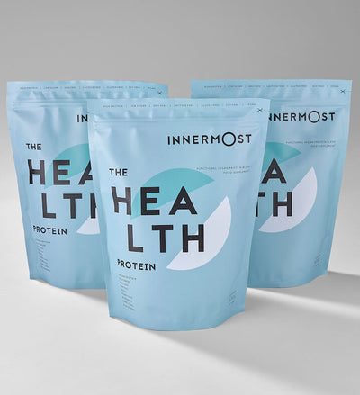 Pouches of The Health Protein - vegan protein powder developed by Innermost
